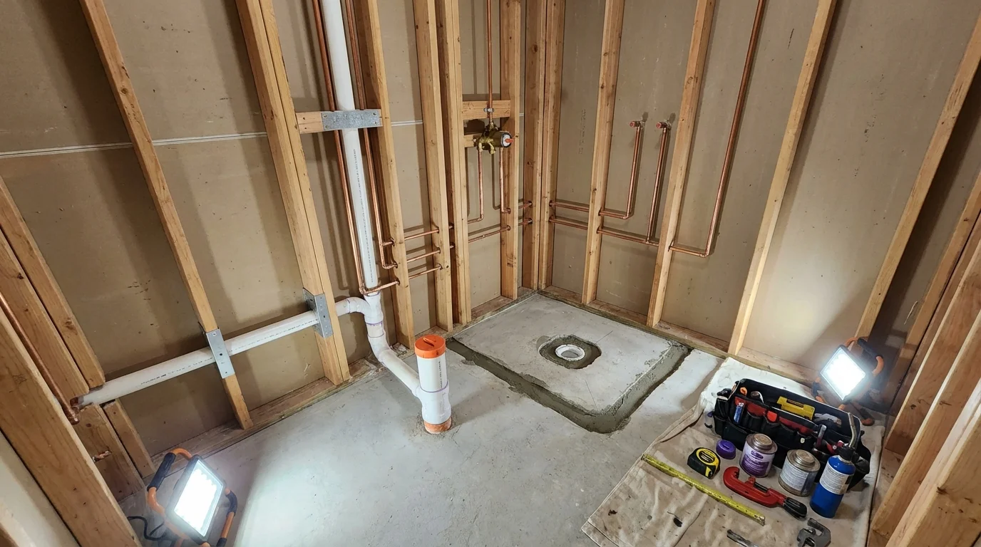 Bathroom rough-in plumbing during remodel by Johns Plumbing LLC in Valdez