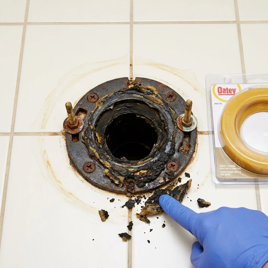 Failed wax ring showing water seepage at the base of a toilet in a Valdez, AK home