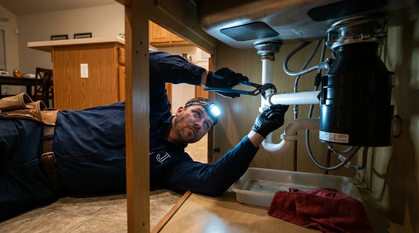 P-trap and supply line connections under a kitchen sink showing a common leak point in Valdez, AK